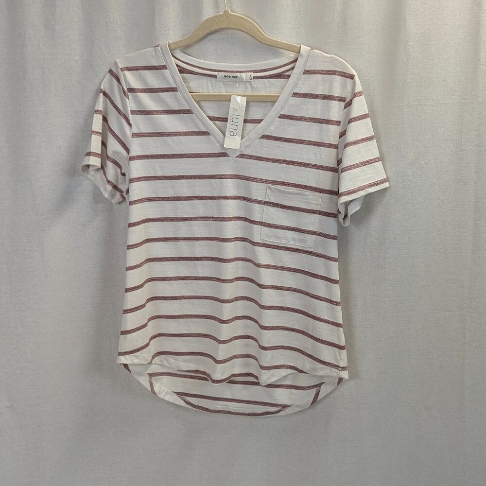 NWT Mod Ref Size Small Burgundy and White Striped Tee *Issue